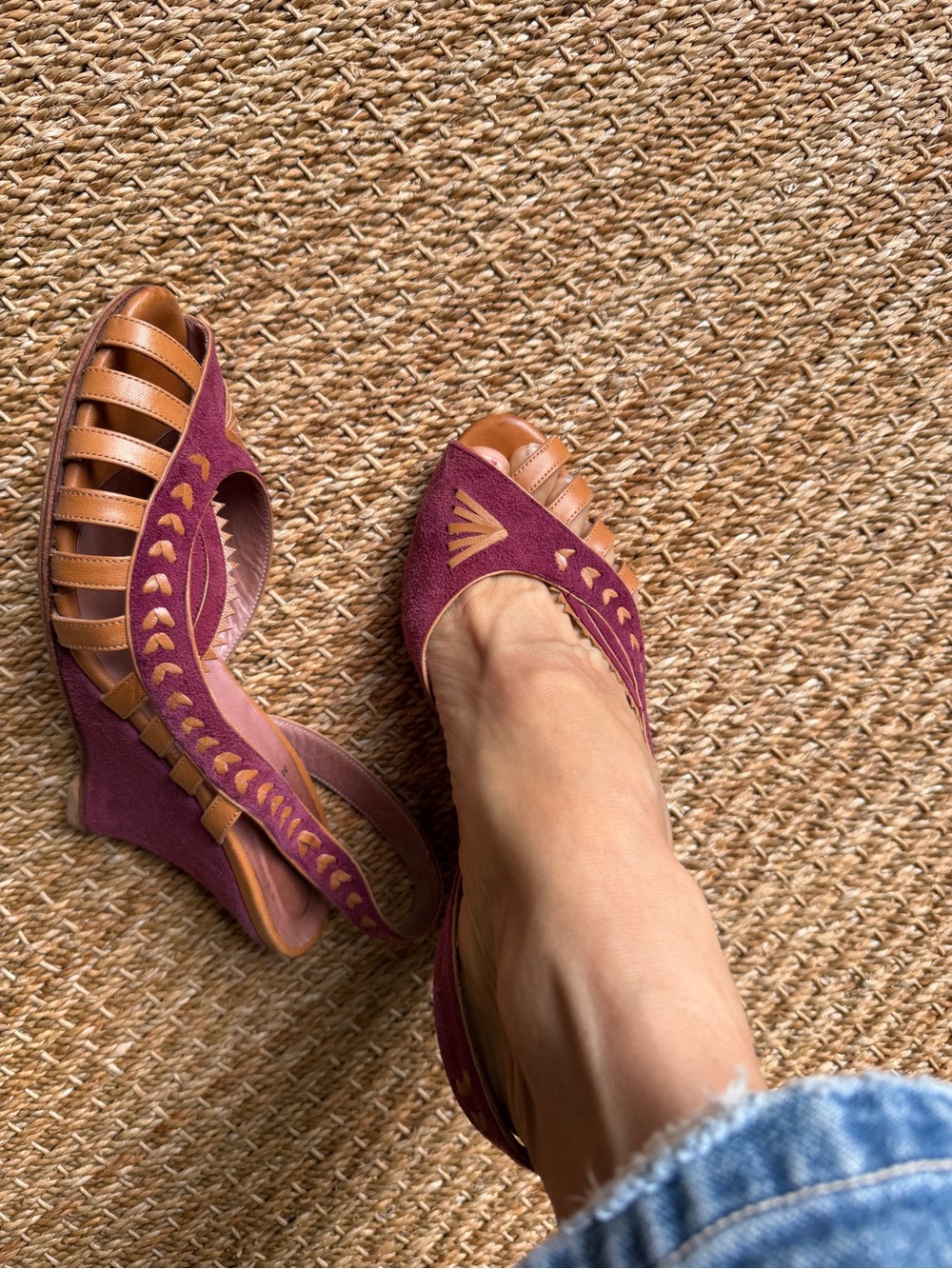 MAYLE Suede Peep-Toe Slingback Wedges in Plum and Tan SZ 8 mint!